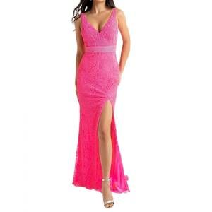 NEW PRIMAVERA v-neck prom dress in neon pink